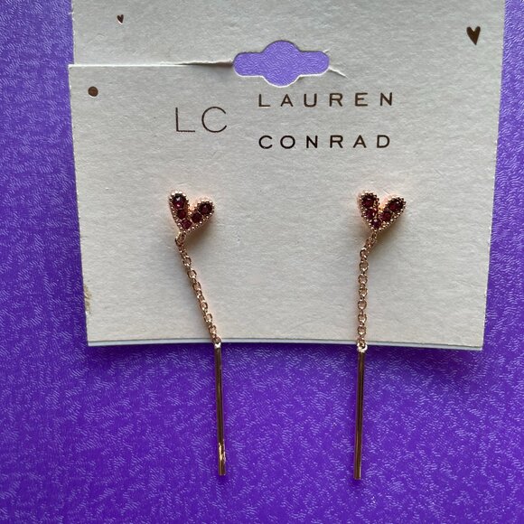 3/$12. Lauren Conrad Gold Tone Dangle Earrings with Pink Gem Heart - Picture 1 of 3